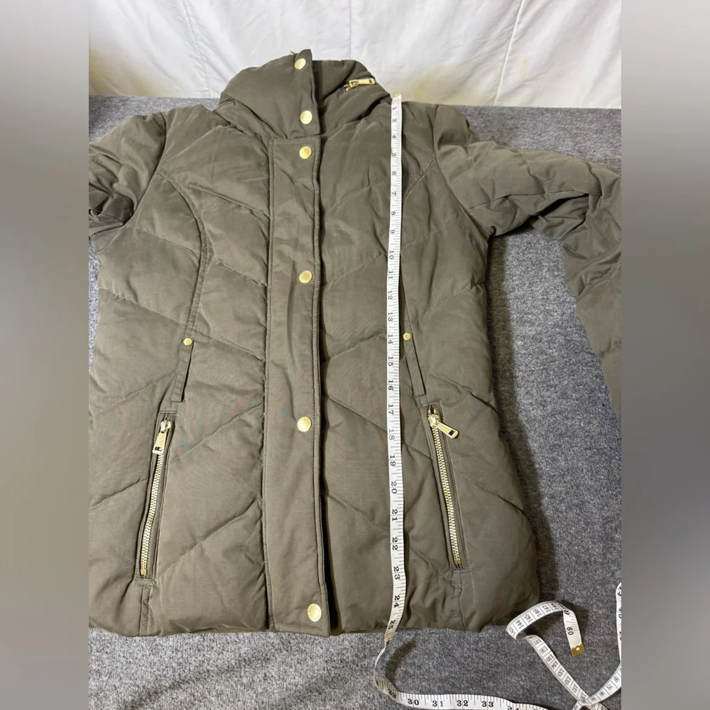 Cole Haan Signature Olive Down Puffer Jacket XS | Gold Zip Hooded‎ Quilted Coat